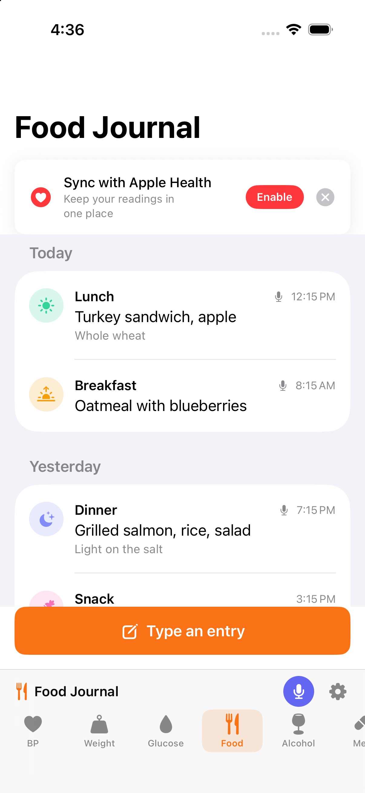 Food journal grouped by day